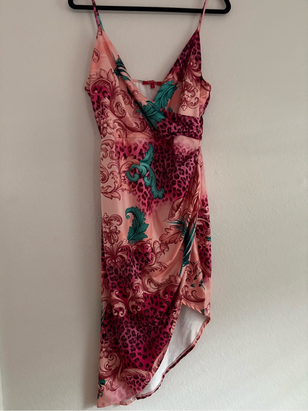 Guess Size L Pink Floral-Print Cheetah Asymmetrical Slip Dress with Teal Accents